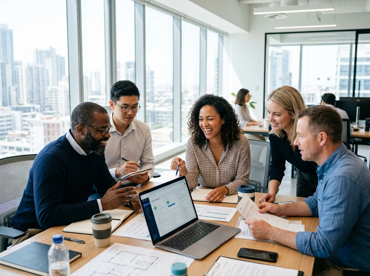 Collaborating human team in a bright modern office