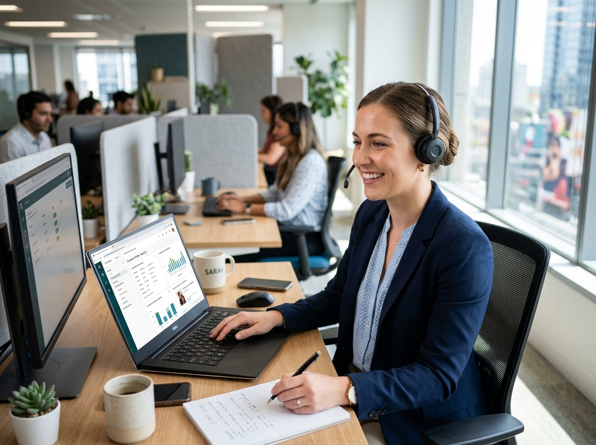 Team member wearing phone headset making customer outreach calls